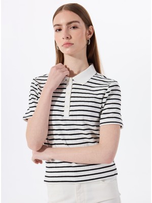Mustang Polo Yaka Çizgili Siyah - Beyaz Kadın T-Shirt M5SL-TST1159