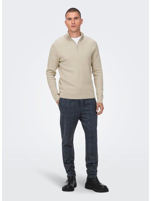 Only & Sons Normal Düz Ekru Erkek Kazak Onsphıl Reg 12 Struc Half Zıp Knıt