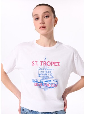 Fabrika Bisiklet Yaka Baskılı Beyaz Kadın T-Shirt F5SL-TST0462