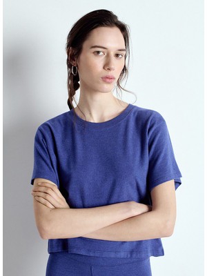 American Vintage Yuvarlak Yaka Düz Mavi Kadın T-Shirt YPA02GE25_MURE Chıne