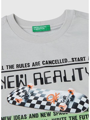 Benetton Baskılı Gri Melanj Erkek Çocuk T-Shirt 35RYC10NC