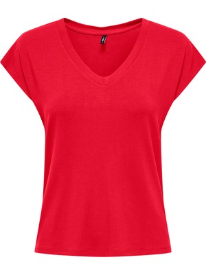Only V Yaka Düz Kırmızı Kadın T-Shirt Onlrılla S/s V-Neck Top Jrs