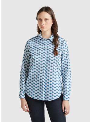 Benetton Regular Fit Gömlek Yaka Mavi Kadın Gömlek 5Q6SDQ0AY