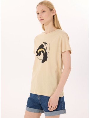 Limon Yuvarlak Yaka Baskılı Bej Kadın T-Shirt L5SL-TST5817