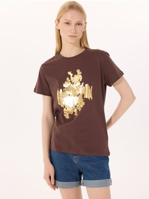 Limon Yuvarlak Yaka Baskılı Kahve Kadın T-Shirt L5SL-TST5814