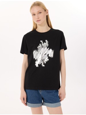 Limon Yuvarlak Yaka Baskılı Siyah Kadın T-Shirt L5SL-TST5814