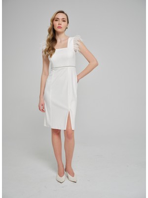 Selen U Yaka Taşlı Beyaz Standart Kadın Elbise 25YSL7643