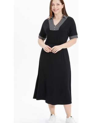Selen V Yaka Çizgili Siyah Standart Kadın Elbise 25YSL7585-BB