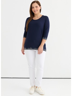 Selen Yuvarlak Yaka Taşlı Lacivert Kadın Bluz 25YSL8091-BB