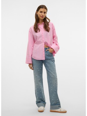 Vero Moda Orta Bel Düz Paça Düz Mavi Kadın Denim Pantolon Vmallıson Mr Straıght Pearl Jeans S