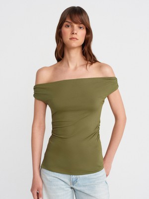 31865 Omuzları Açık Büzgülü Top-Açık Haki