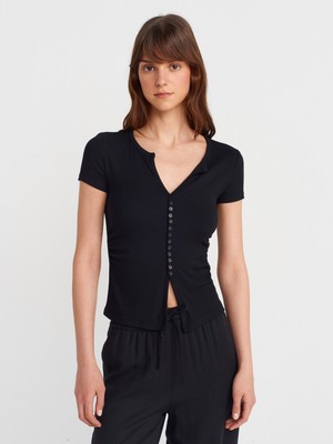 31838 Düğmeli Kısa Kollu Top-Siyah