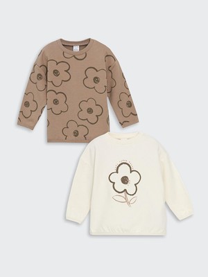 Bisiklet Yaka Çiçekli Kız Bebek Sweatshirt 2'li  (W4)