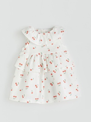 Bebe Yaka Kiraz Baskılı Kız Bebek Elbise  (S5)