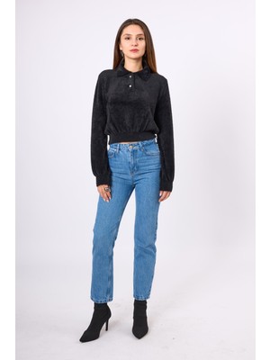 Peraluna Lucy Krop Kesim Polo Yaka Kadın Triko Bluz - Siyah