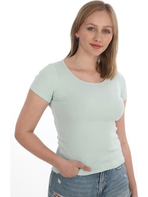 Monox Kadın Fitilli Likralı Pamuk Basic Tshirt