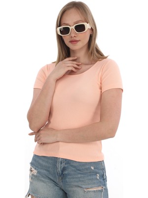 Monox Kadın Fitilli Likralı Pamuk Basic Tshirt