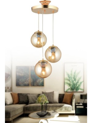 Mediterian Altın Sarı 3'lü Cam Avize, Metal Gövde, 30x70 cm, Modern ve Şık Tasarım