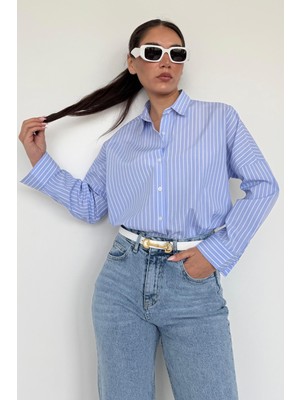 Madmext Mavi Çizgili Kadın Gömlek Uzun Kol Klasik Stil %65 Pamuk 35% Polyester MG2410