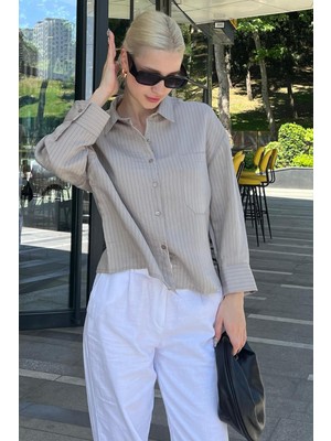 Gri Çizgili Oversize Kadın Gömlek MG2093