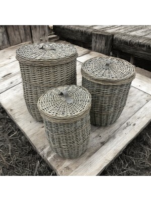 Laundry - 3'lü Hasır Çamaşır Sepeti Yuvarlak Gri - 97006