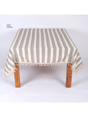 Buldan Dokuması Keten Kahverengi Çizgili Ponponlu Masa Örtüsü