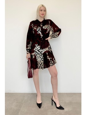 Bordo Desenli Düğmeli Kısa Kadın Elbise MG2432