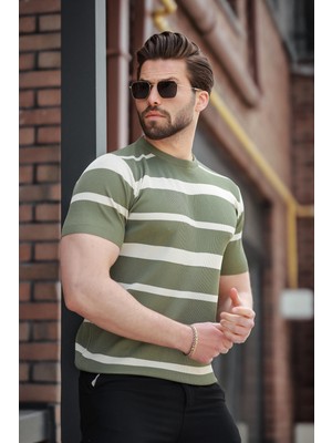 Çağla Yeşili Çizgili Bisiklet Yaka Triko Tişört E7414