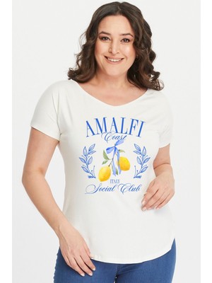 Büyük Beden Amalfi Baskılı Geniş V Yaka Kısa Kol Oval Yırtmaç Bluz