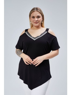 Büyük Beden Yaka Şerit Omuz Dekolte Üçgen Etekli Bluz