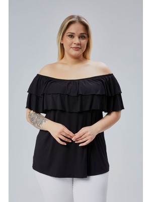 Curvy Trend Büyük Beden Kadın Madonna Yaka Siyah Viskon Bluz Rahat ve Şık Tasarım