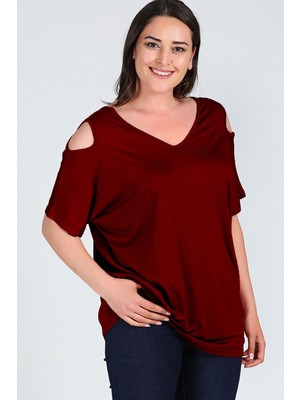 Büyük Beden Omuzu V Pencere Kısa Kol Bluz