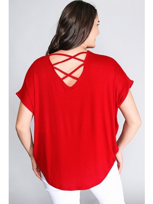 Curvy Trend Kadın Bluz V Yaka Kısa Kol Hafif Viskon Elastan