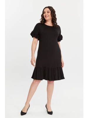 Curvy Trend Büyük Beden Siyah Kolucu Eteği Fırfır Viskon Elbise Günlük Kullanım İçin Rahat Stil