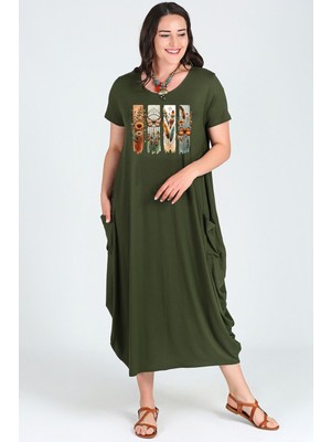 Büyük Beden Bohem Kelebek Baskılı Jumbo Kısa Kol Elbise