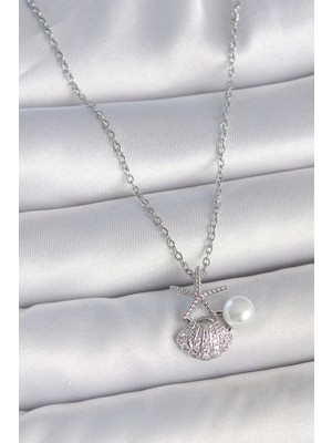 316L Çelik Gümüş Renk Zincir Zirkon Taşlı Deniz Kabuğu Model Inci Detay Kadın Kolye - Lisinya