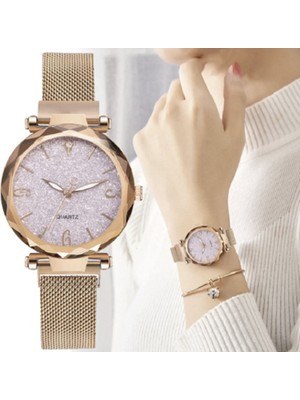 Kadın Saat Gül Altın Lüks Manyetik Yıldızlı Kadın Kol Saati