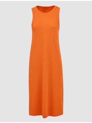 Jimmy Key Turuncu Rahat Kesim Kolsuz Bisiklet Yaka Örme Midi Elbise