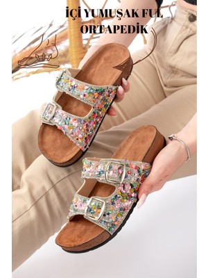 Kadın Slipcat Pien Gümüş - Siyah Çift Tokalı Ortapedik Terlik Yumuşak İç Yapı ile Rahatlık