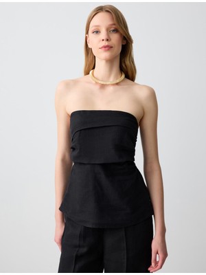 Jimmy Key Siyah Dar Kesim Straplez Keten Bluz