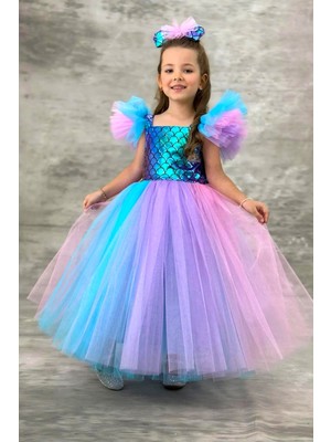 Tüllü Kabarık Etekli Süper Konsept Deniz Kızı Pul Desenli Kız Çocuk Abiye-Parti-Doğum Günü Kostümü