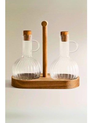 Mediterian Borosilikat Cam ve Bambu Yağlık-Sirkelik Seti, 2’li, doğal ahşap stand, şık tasarım, 300 ml