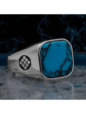 Mavi Turkuaz Taşlı Kare Tasarımlı 925 Ayar Gümüş Erkek Yüzük
