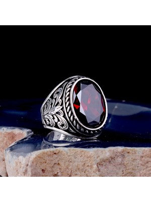 Kırmızı Zirkon Taşlı 925 Ayar Gümüş Erkek Yüzük