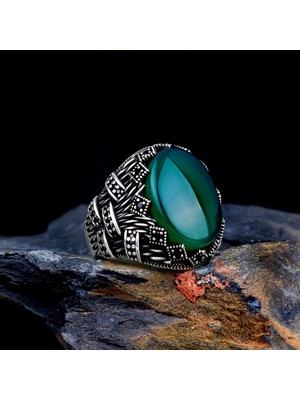 Akik Taşlı Oval Model 925 Ayar Gümüş Erkek Yüzük