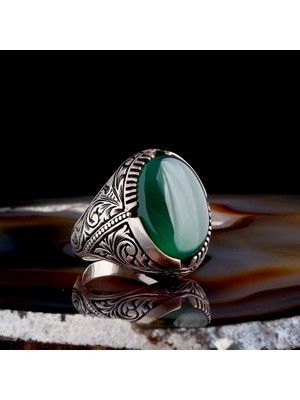 Akik Taşlı Kalem Işleme Desenli 925 Ayar Gümüş Erkek Yüzük