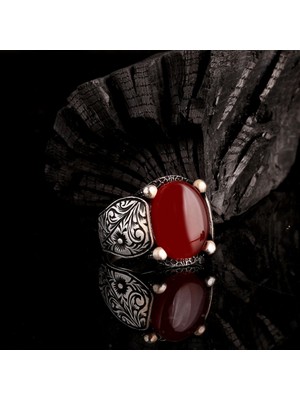 Bordo Akik Taşlı Kalem Işleme Model 925 Ayar Gümüş Erkek Yüzük