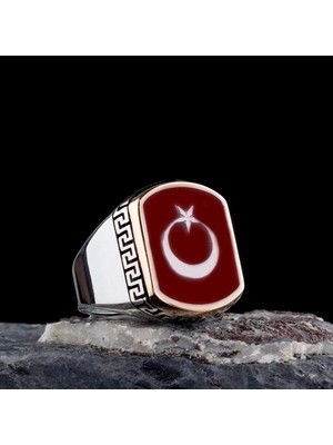 925 Ayar Gümüş Kırmızı Mineli Ayyıldız Model Erkek Yüzük