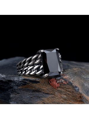 Siyah Renk Zirkon Taşlı Örgü Model Gümüş Erkek Yüzük