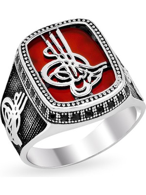 925 Ayar Gümüş Akik Taşlı Tuğra Model Yüzük